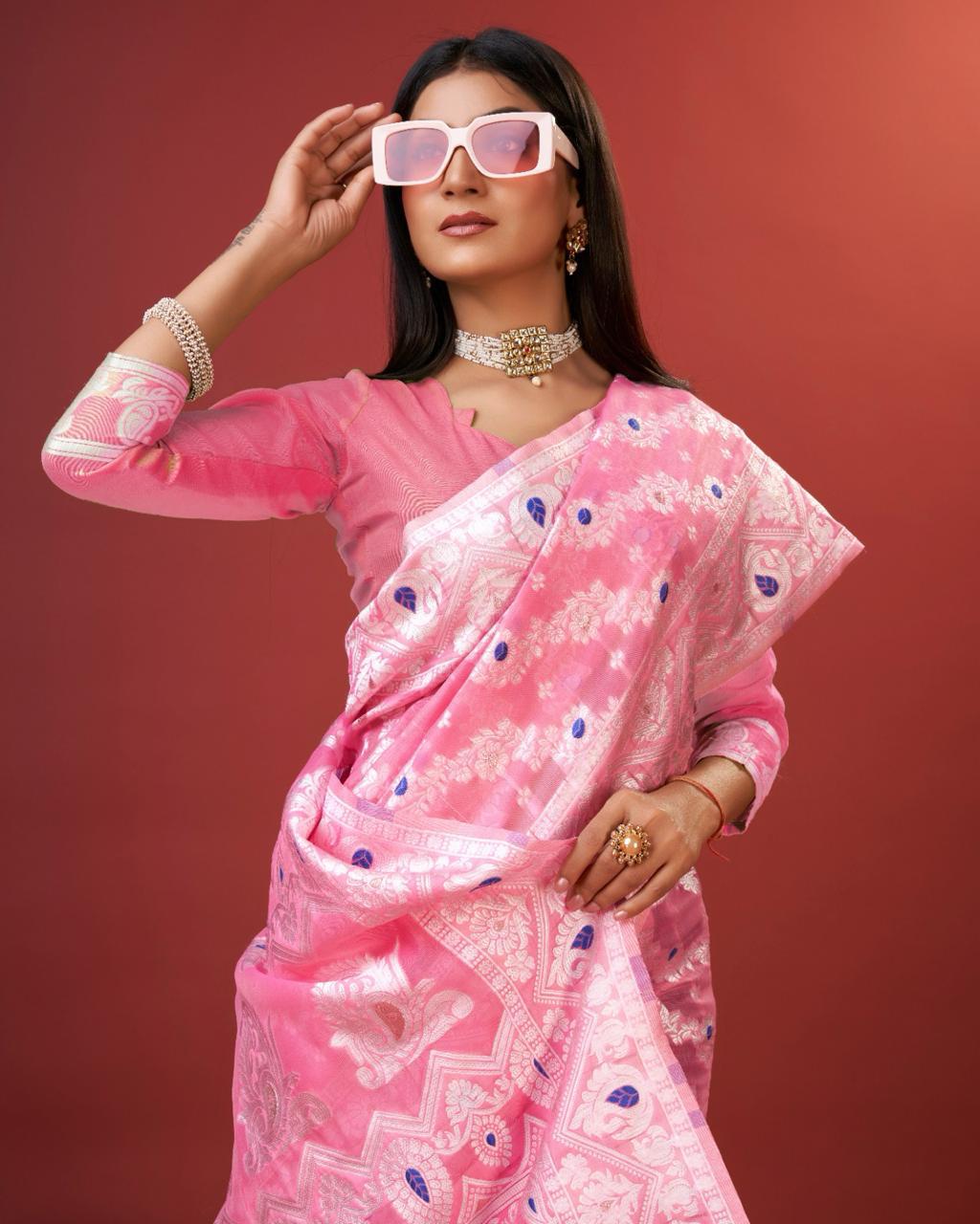 Embellished Pink Cotton Silk Saree
