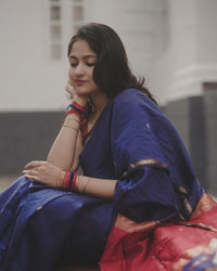 Exquisite Navy Blue Cotton Silk Saree