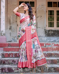 Peach Floral Printed Cotton Silk Saree