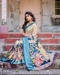 White With Sky Blue Floral Printed Cotton Silk Saree