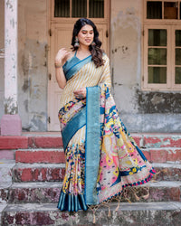 White With Sky Blue Floral Printed Cotton Silk Saree