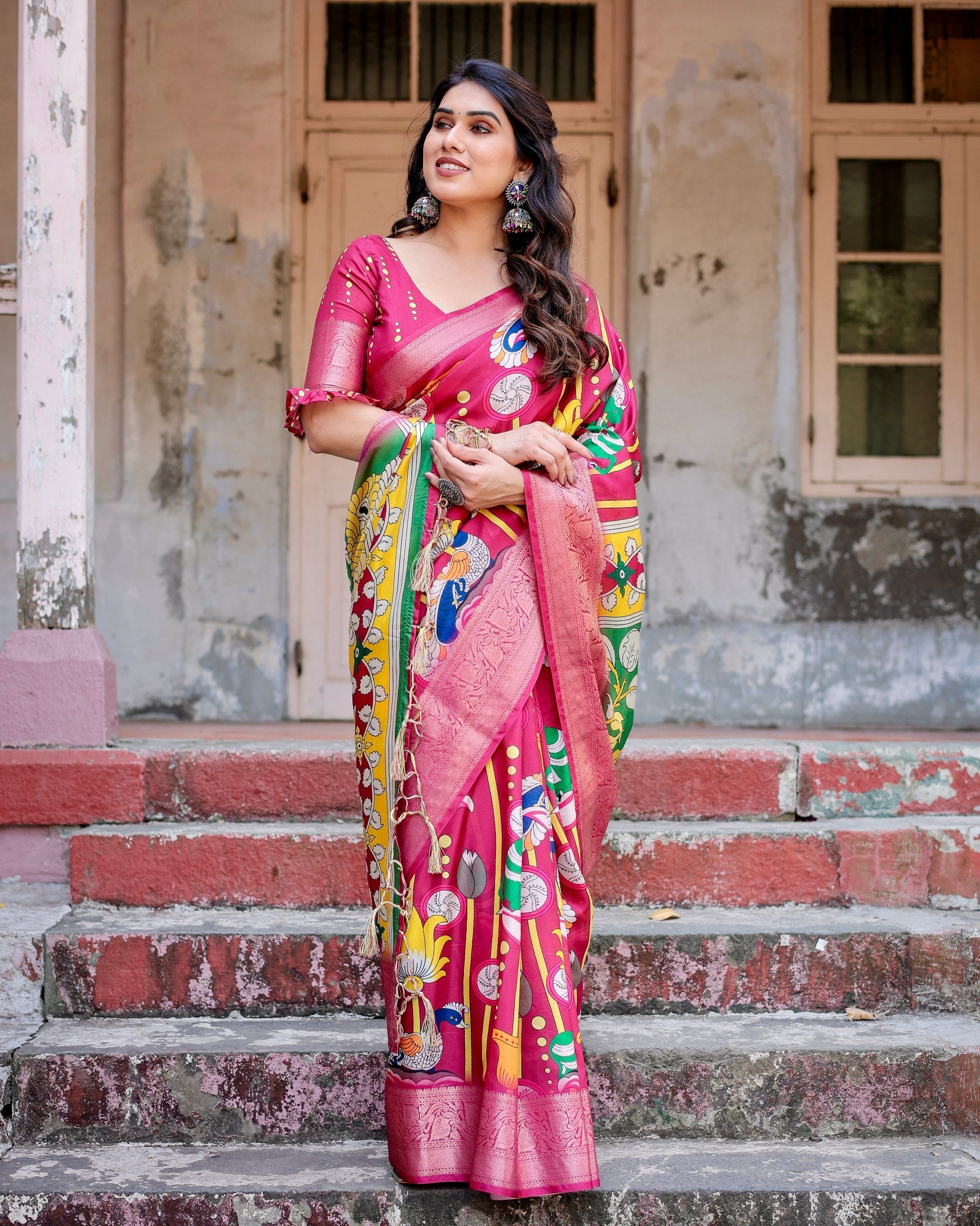 Dark Pink Floral Printed Cotton Silk Saree