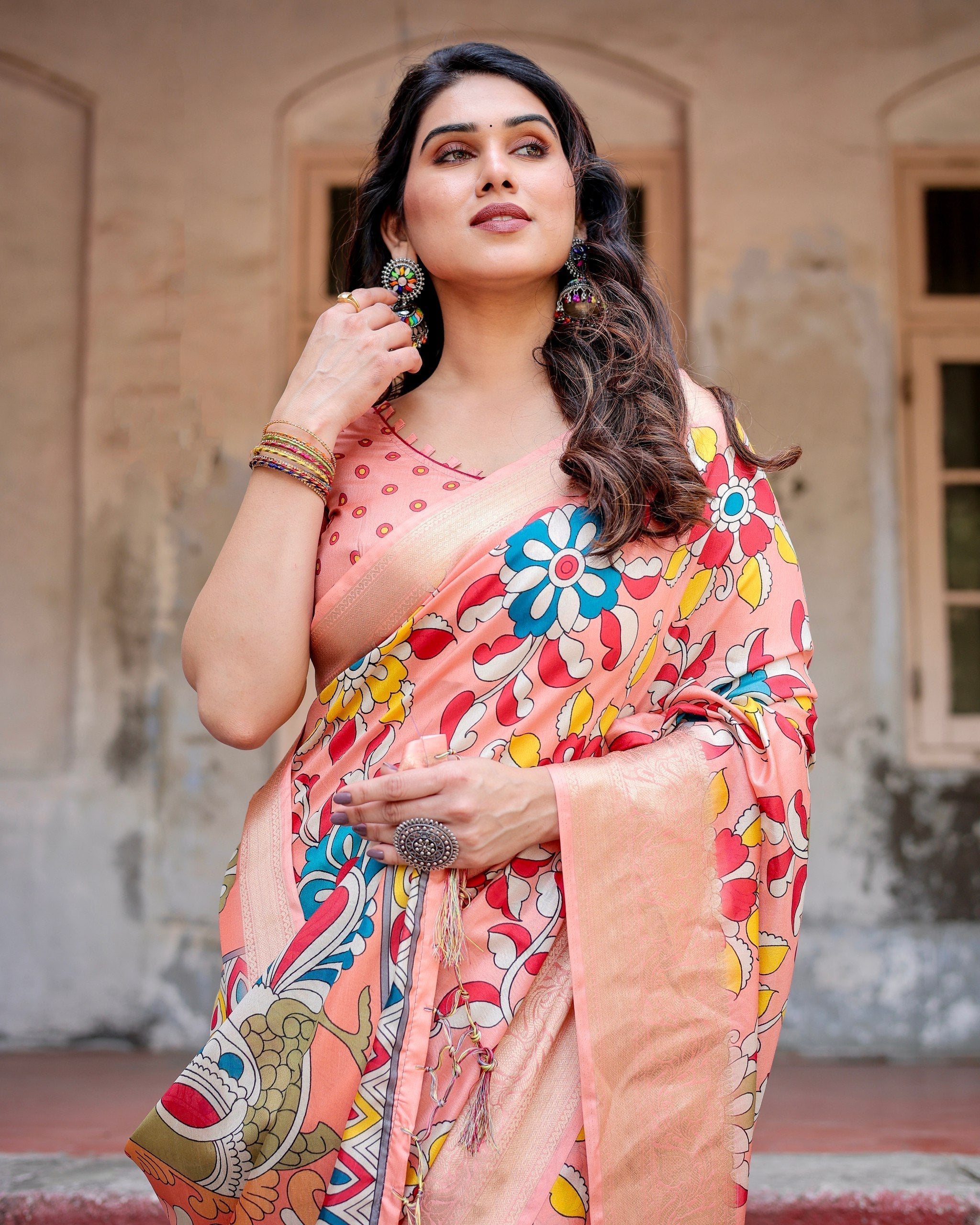 Orange Floral Printed Cotton Silk Saree