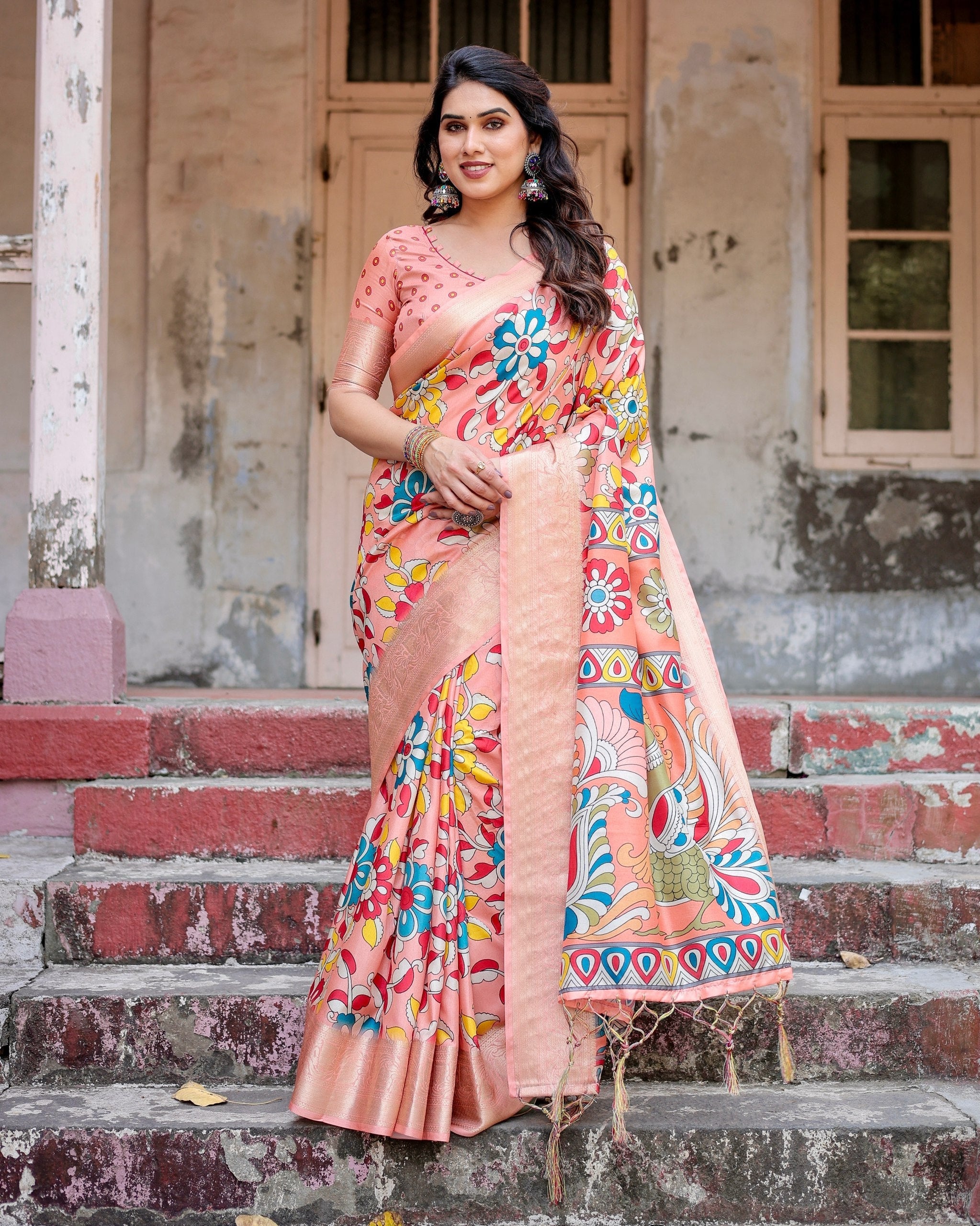 Orange Floral Printed Cotton Silk Saree