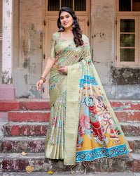 Light Green Floral Printed Cotton Silk Saree