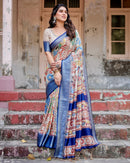 Cream With Blue  Floral Printed Cotton Silk Saree