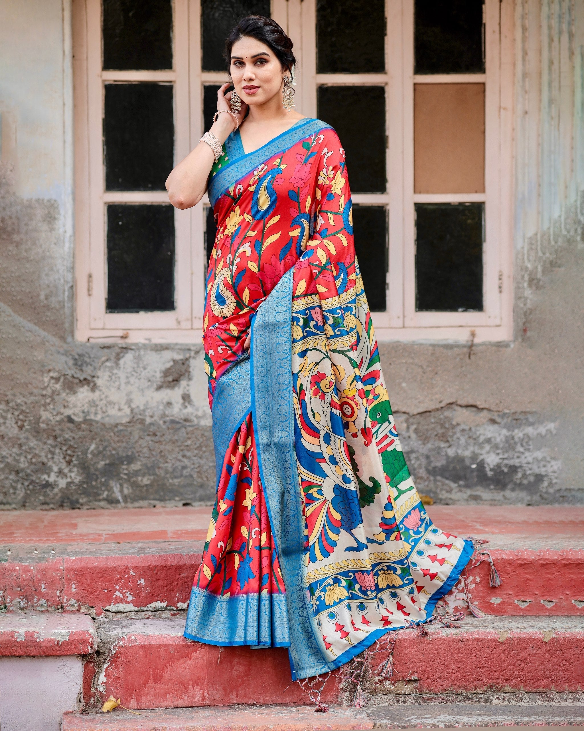 Red With Sky Blue Floral Printed Cotton Silk Saree