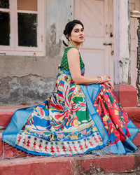 Red With Sky Blue Floral Printed Cotton Silk Saree