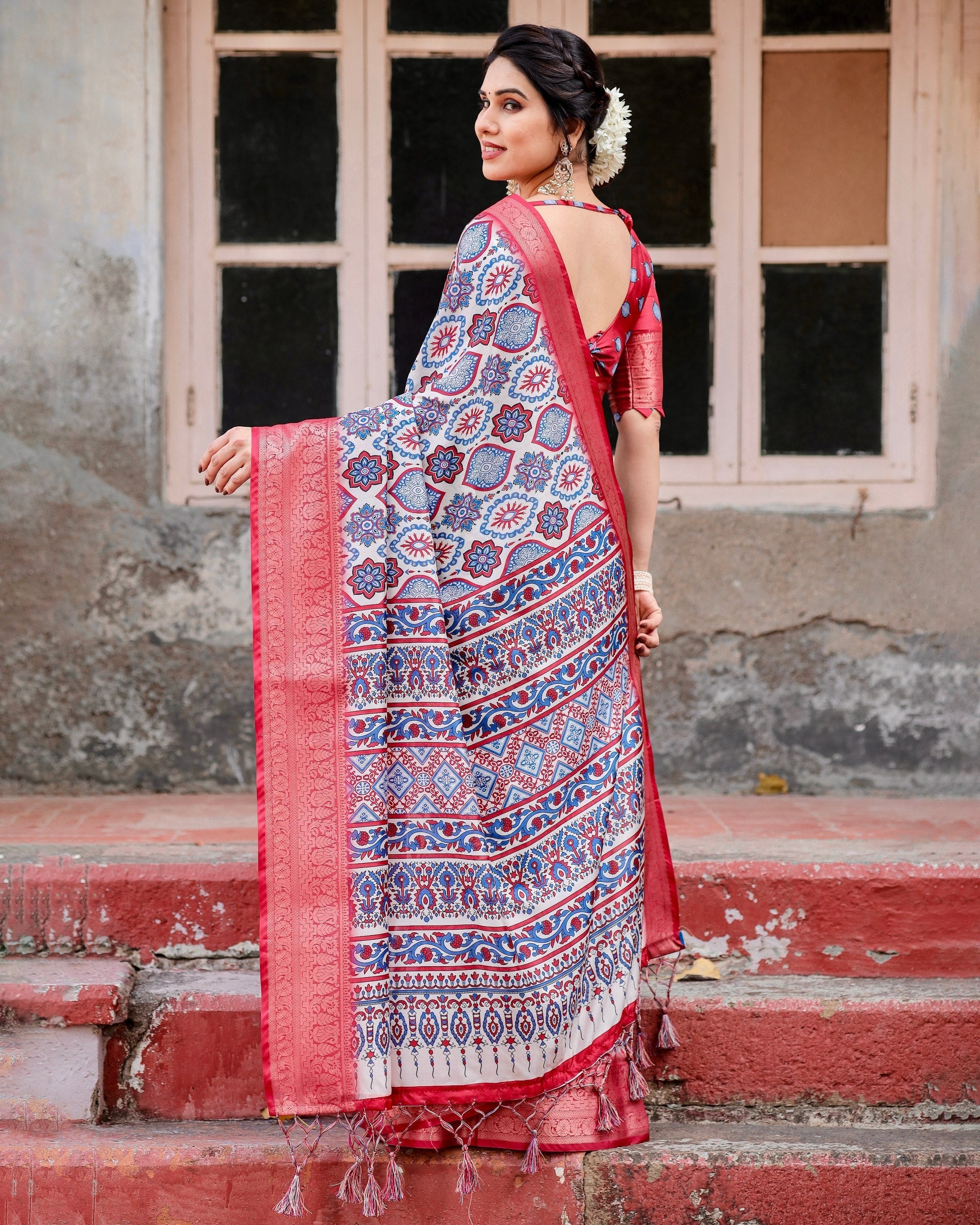 Grey Floral Printed Cotton Silk Saree