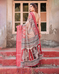 Peach & pink Floral Printed Cotton Silk Saree