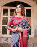 Black & Pink Floral Printed Cotton Silk Saree