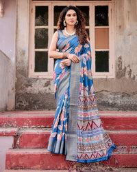 Sky Blue Flower Floral Printed Cotton Silk Saree