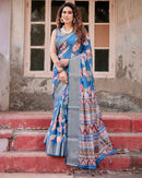 Sky Blue Flower Floral Printed Cotton Silk Saree
