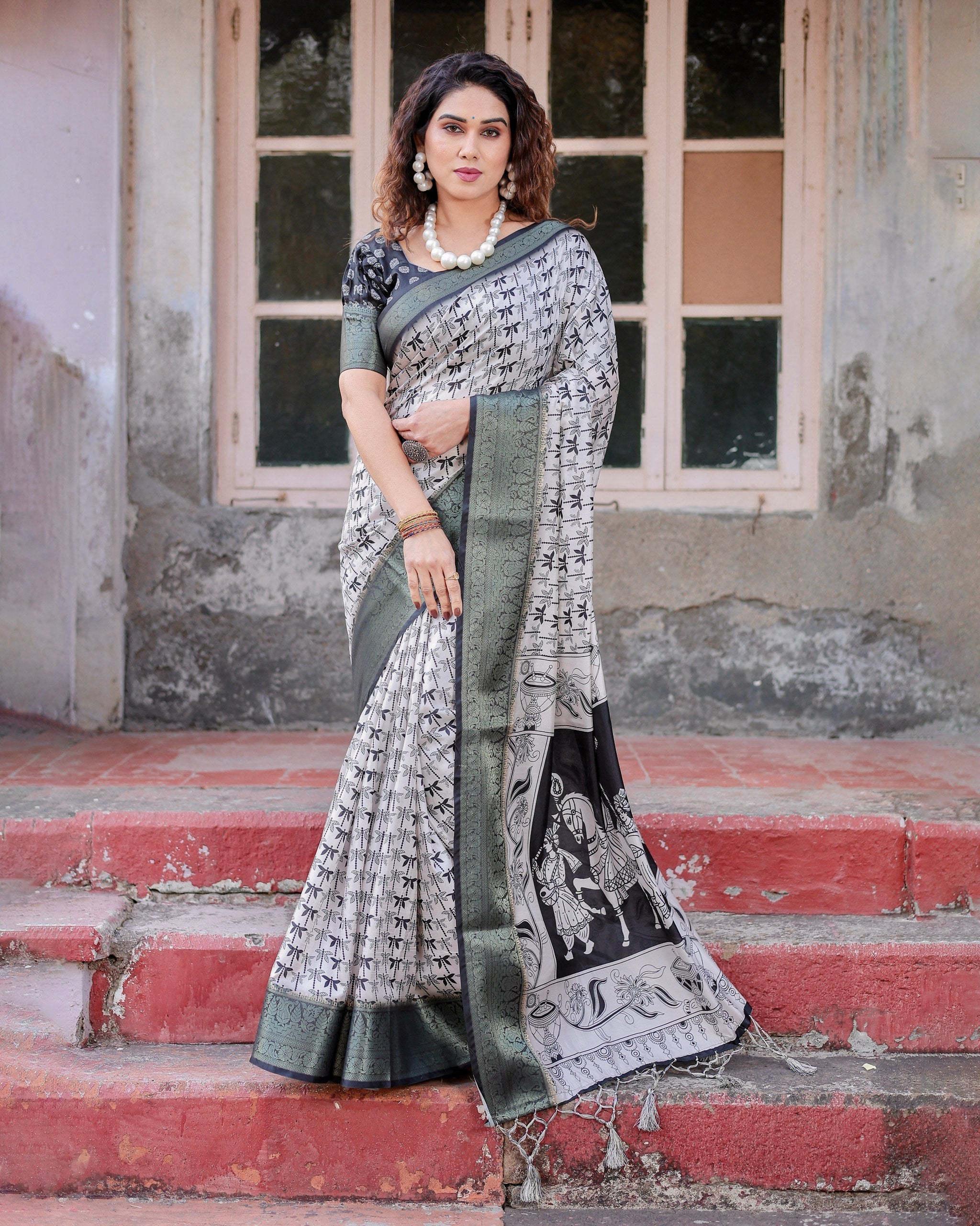 Cream & Black Floral Printed Cotton Silk Saree