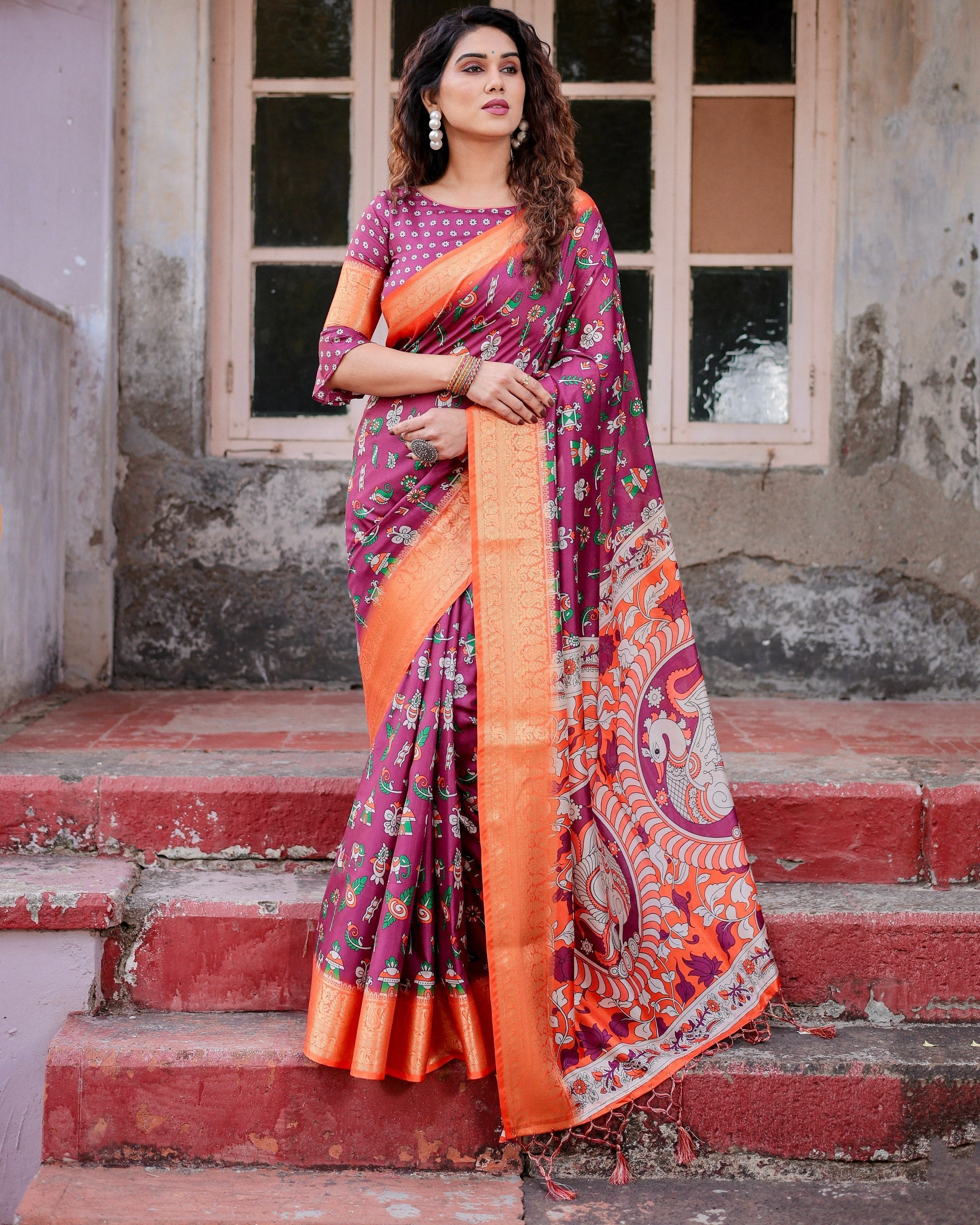Pink & Orange Floral Printed Cotton Silk Saree