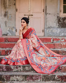 Peach & Maroon Floral Printed Cotton Silk Saree