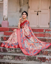 Peach & Maroon Floral Printed Cotton Silk Saree