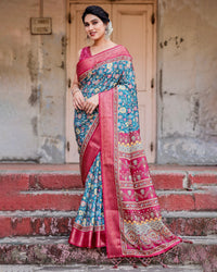 Sky Blue & Pink Floral Printed Cotton Silk Saree