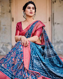 Blue & Pink Floral Printed Cotton Silk Saree