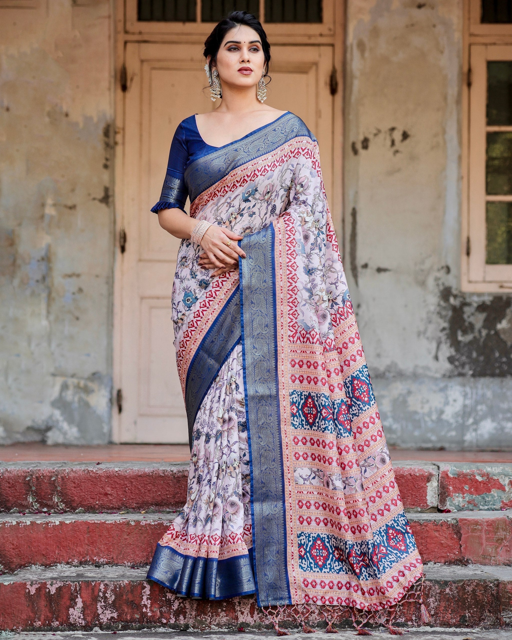 Cream & Navy Blue Floral Printed Cotton Silk Saree