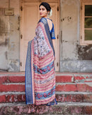 Cream & Navy Blue Floral Printed Cotton Silk Saree