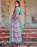 Maroon & Green Floral Printed Cotton Silk Saree