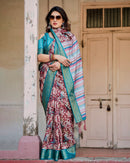 Maroon & Green Floral Printed Cotton Silk Saree
