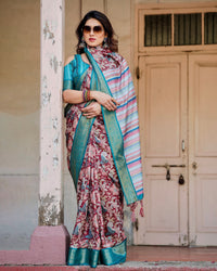 Maroon & Green Floral Printed Cotton Silk Saree