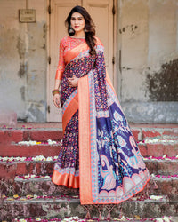 Royal Blue & Orange Floral Printed Cotton Silk Saree