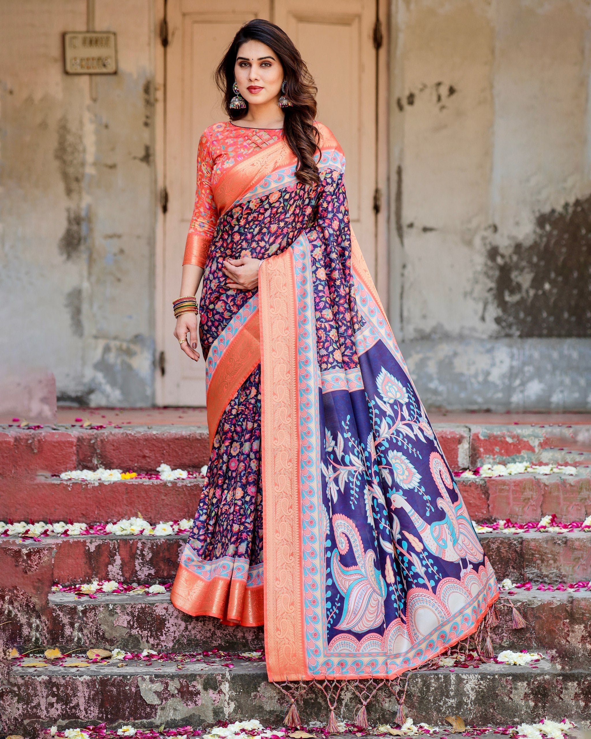 Royal Blue & Orange Floral Printed Cotton Silk Saree