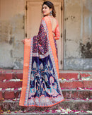 Royal Blue & Orange Floral Printed Cotton Silk Saree