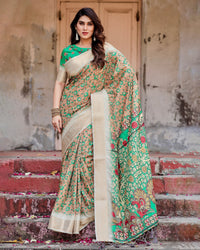 Brown & Cream Floral Printed Cotton Silk Saree