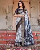White & Black Floral Printed Cotton Silk Saree