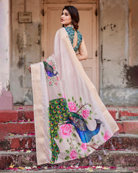 Cream Floral Printed Cotton Silk Saree