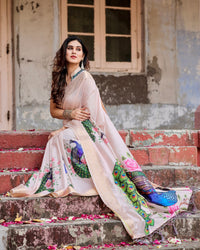 Cream Floral Printed Cotton Silk Saree