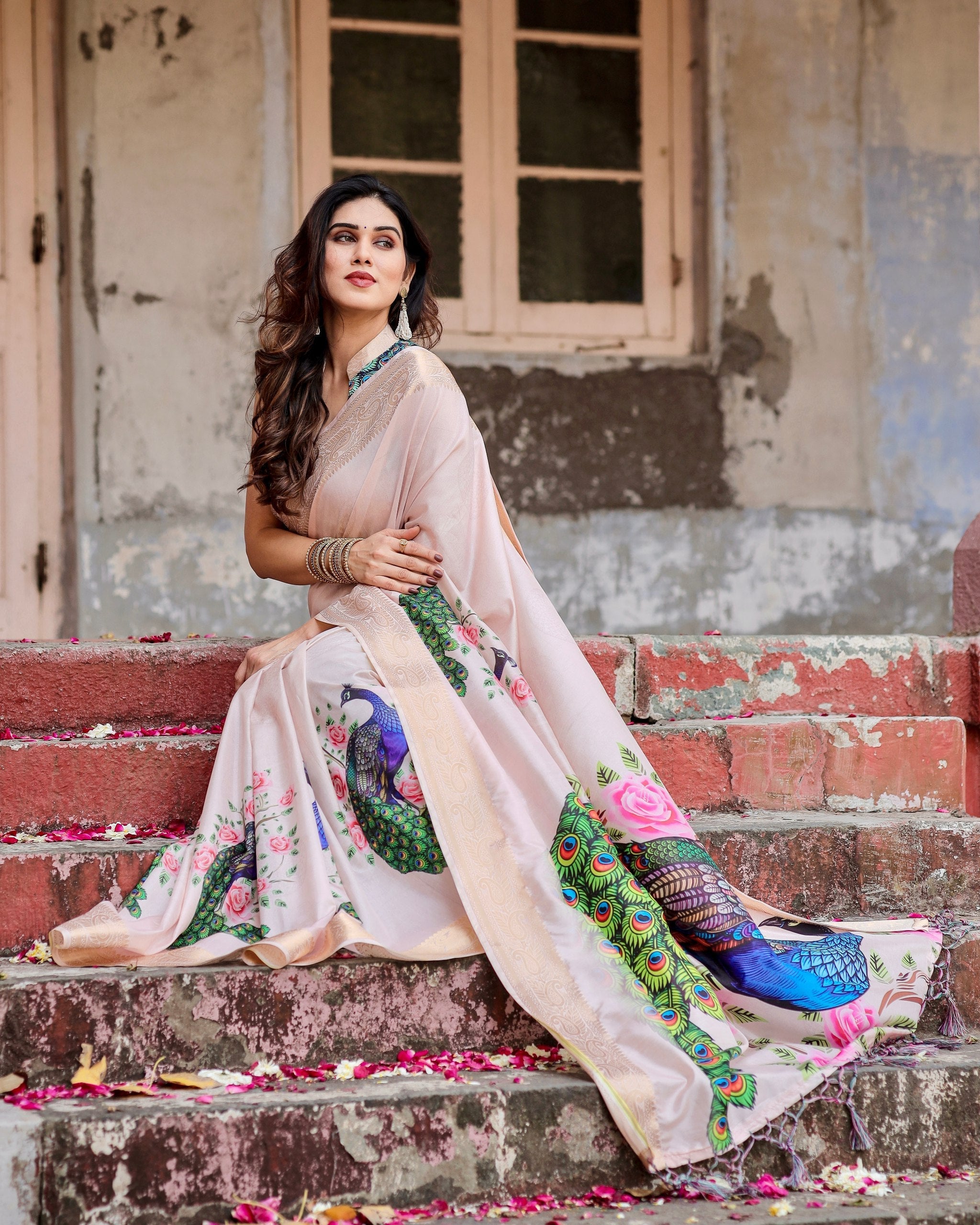 Cream Floral Printed Cotton Silk Saree