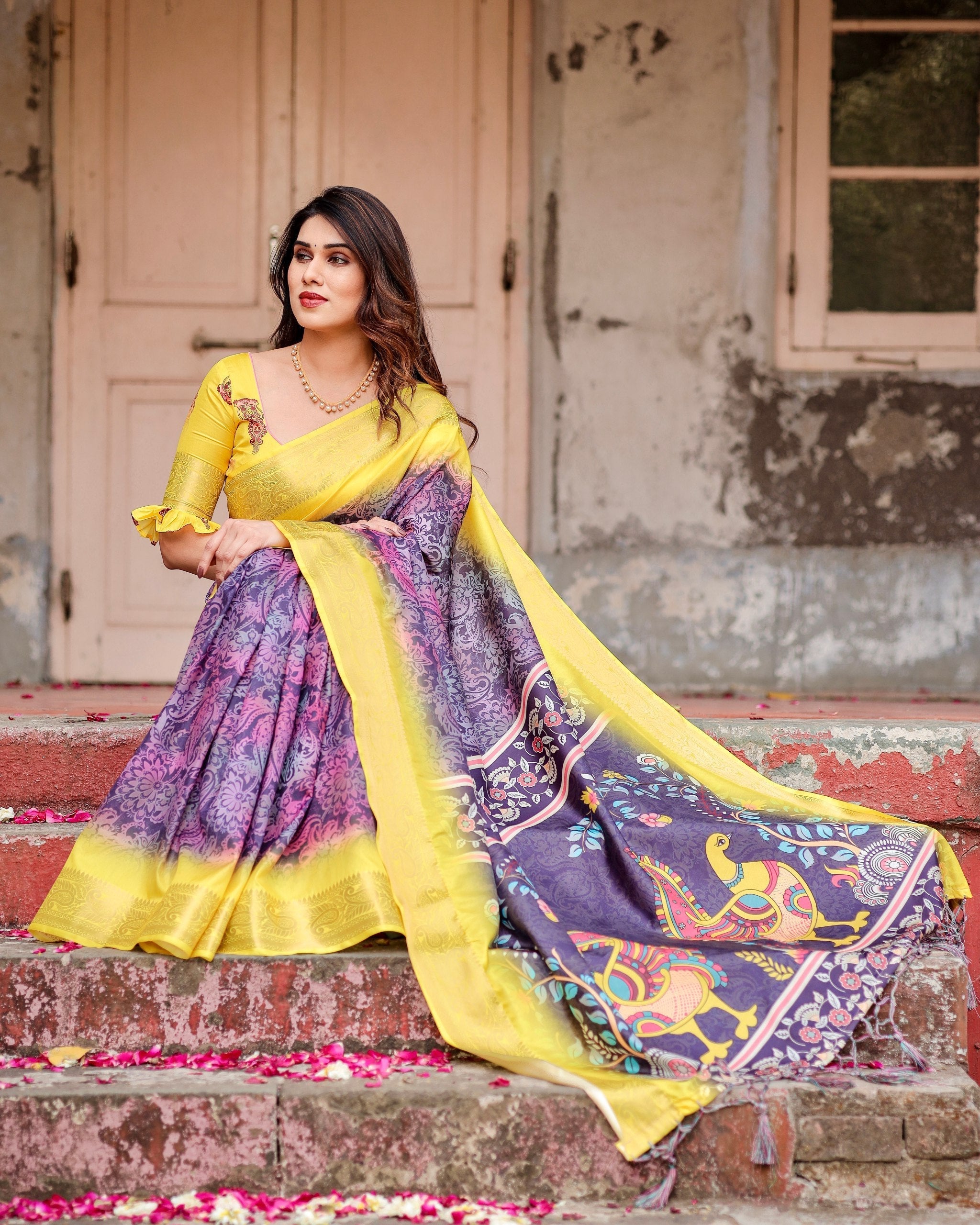 Wine & Yellow Floral Printed Cotton Silk Saree