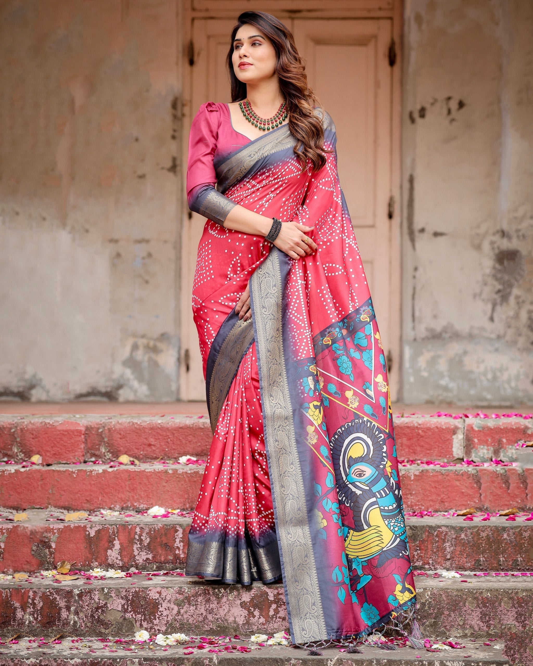Pink & Black Floral Printed Cotton Silk Saree