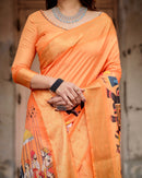 Orange Floral Printed Cotton Silk Saree