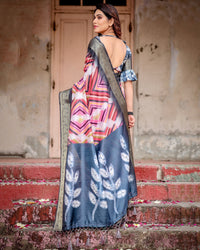 Black & Multi Floral Printed Cotton Silk Saree