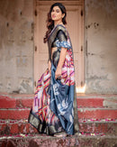 Black & Multi Floral Printed Cotton Silk Saree