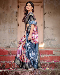 Black & Multi Floral Printed Cotton Silk Saree