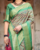 Green & Multi Floral Printed Cotton Silk Saree