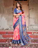 Dark Blue & Pink Floral Printed Cotton Silk Saree