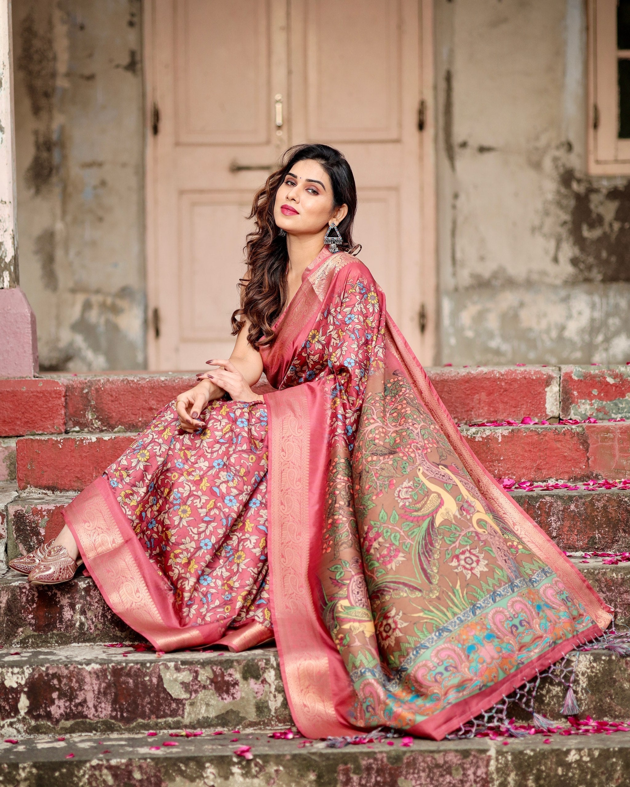 Dark Pink & Brown Floral Printed Cotton Silk Saree