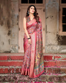 Dark Pink & Brown Floral Printed Cotton Silk Saree
