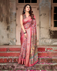 Dark Pink & Brown Floral Printed Cotton Silk Saree