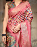 Dark Pink & Brown Floral Printed Cotton Silk Saree