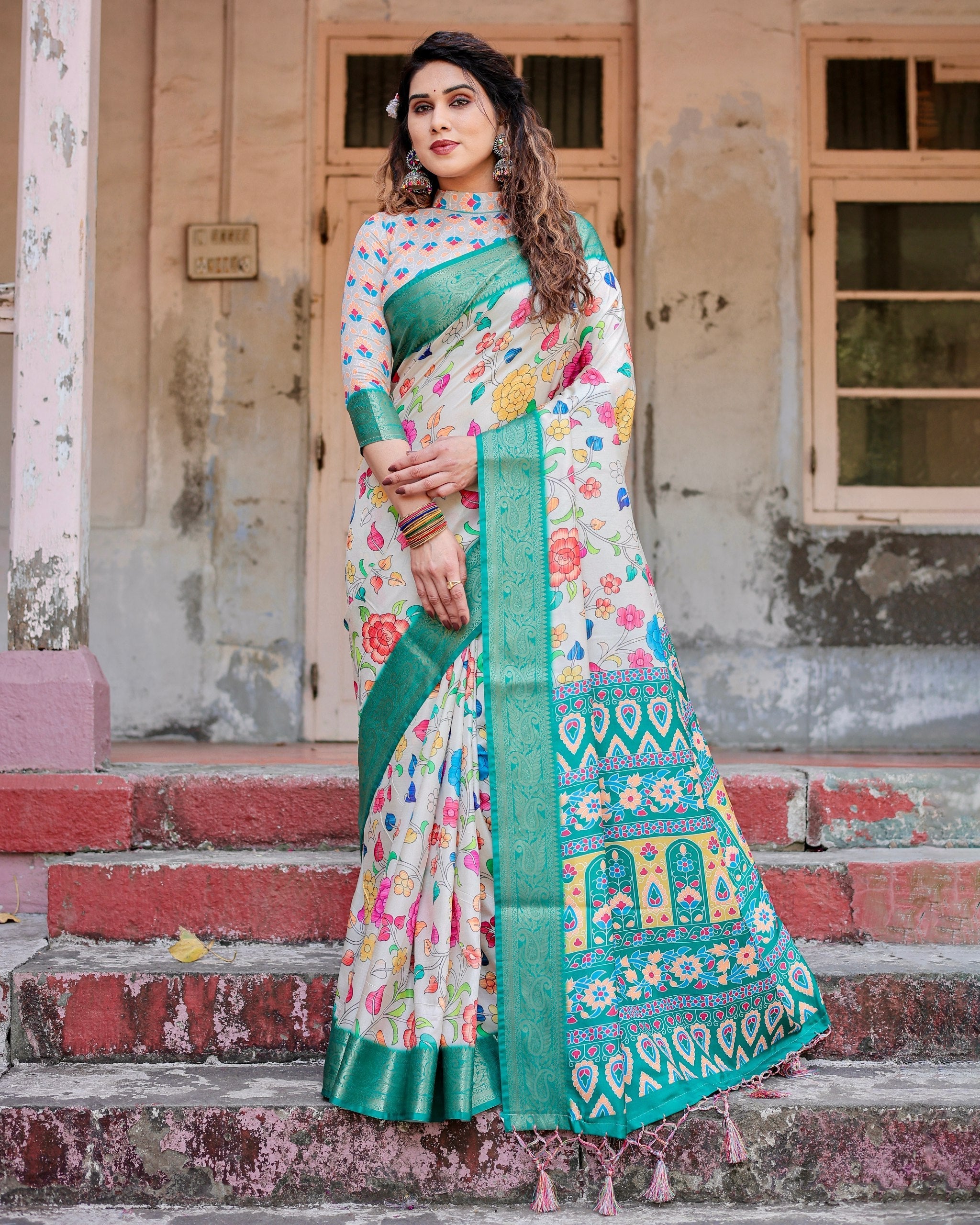 Tiffany Blue & Off White Floral Printed Cotton Silk Saree