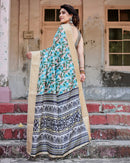Light Blue & Green Floral Printed Cotton Silk Saree